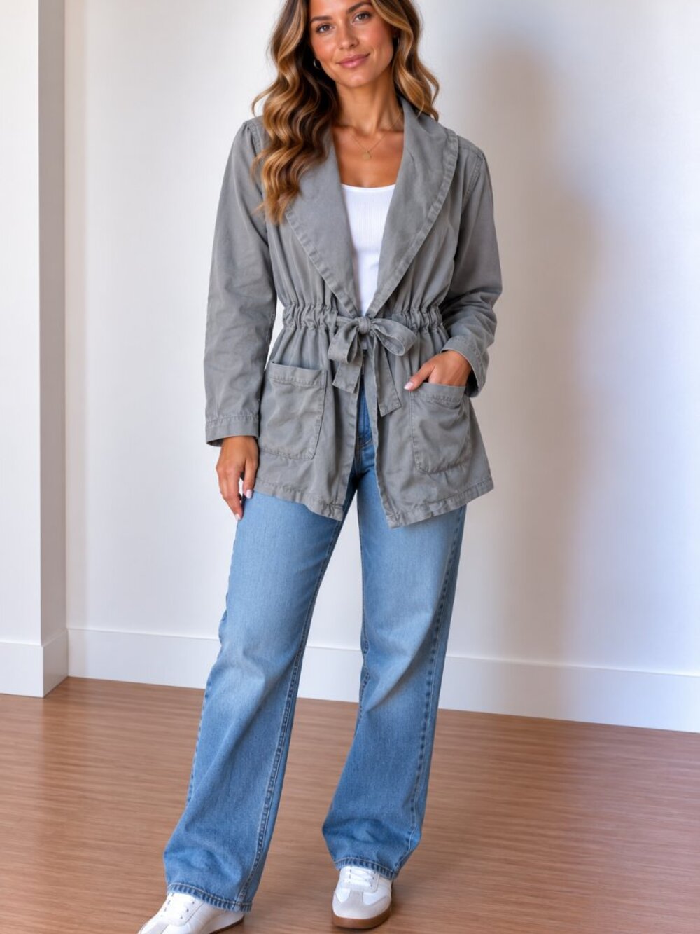 Max Studio Light Blue Shawl-Collar Drawstring Trench Coat